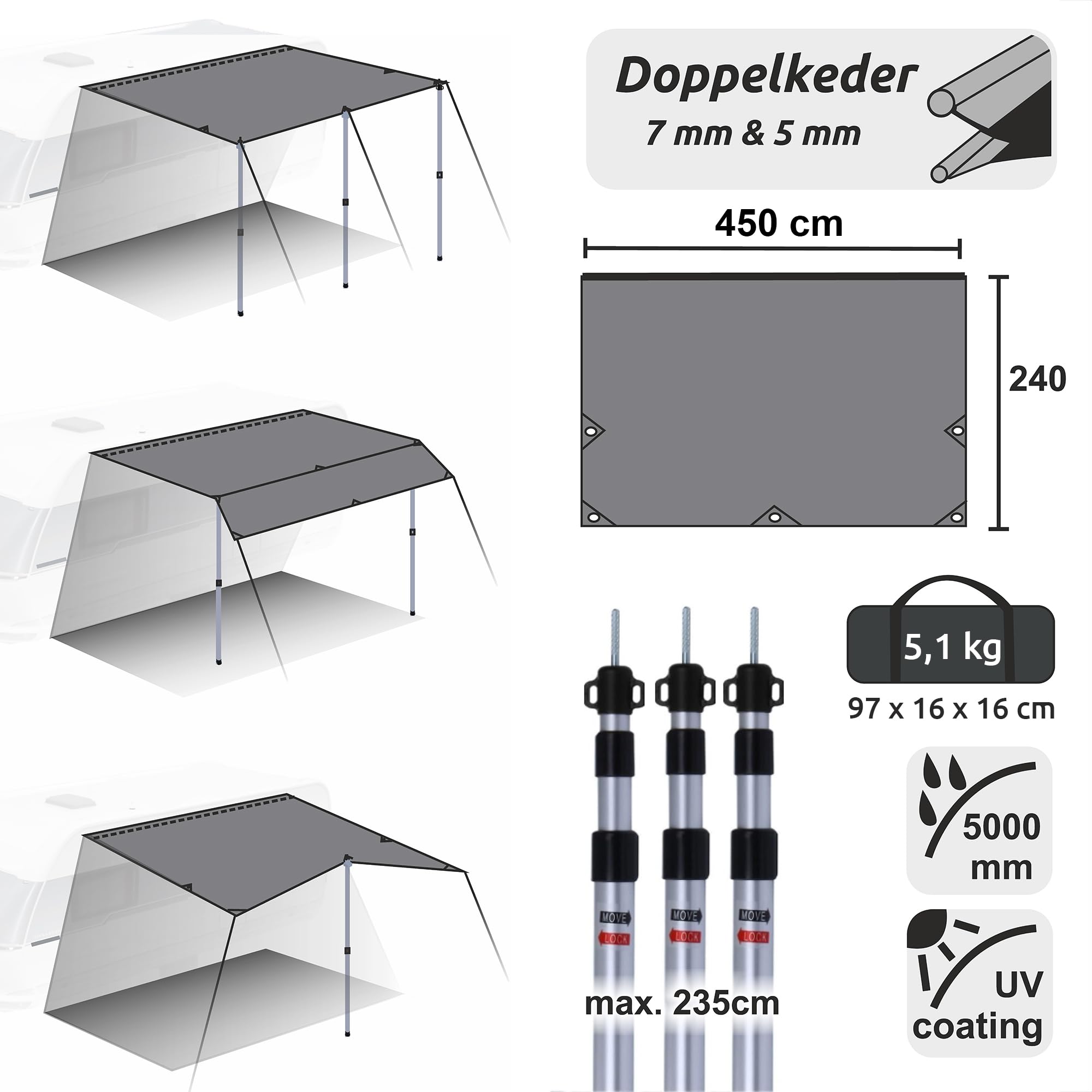 your GEAR Caravan Tarp TC dach przeciwsłoneczny do przyczepy kempingowej, wodoszczelny, bawełniany żagiel przeciwsłoneczny z UV 50+, aluminiowe drążki teleskopowe, w 5 rozmiarach (beżowy/piaskowy, 450