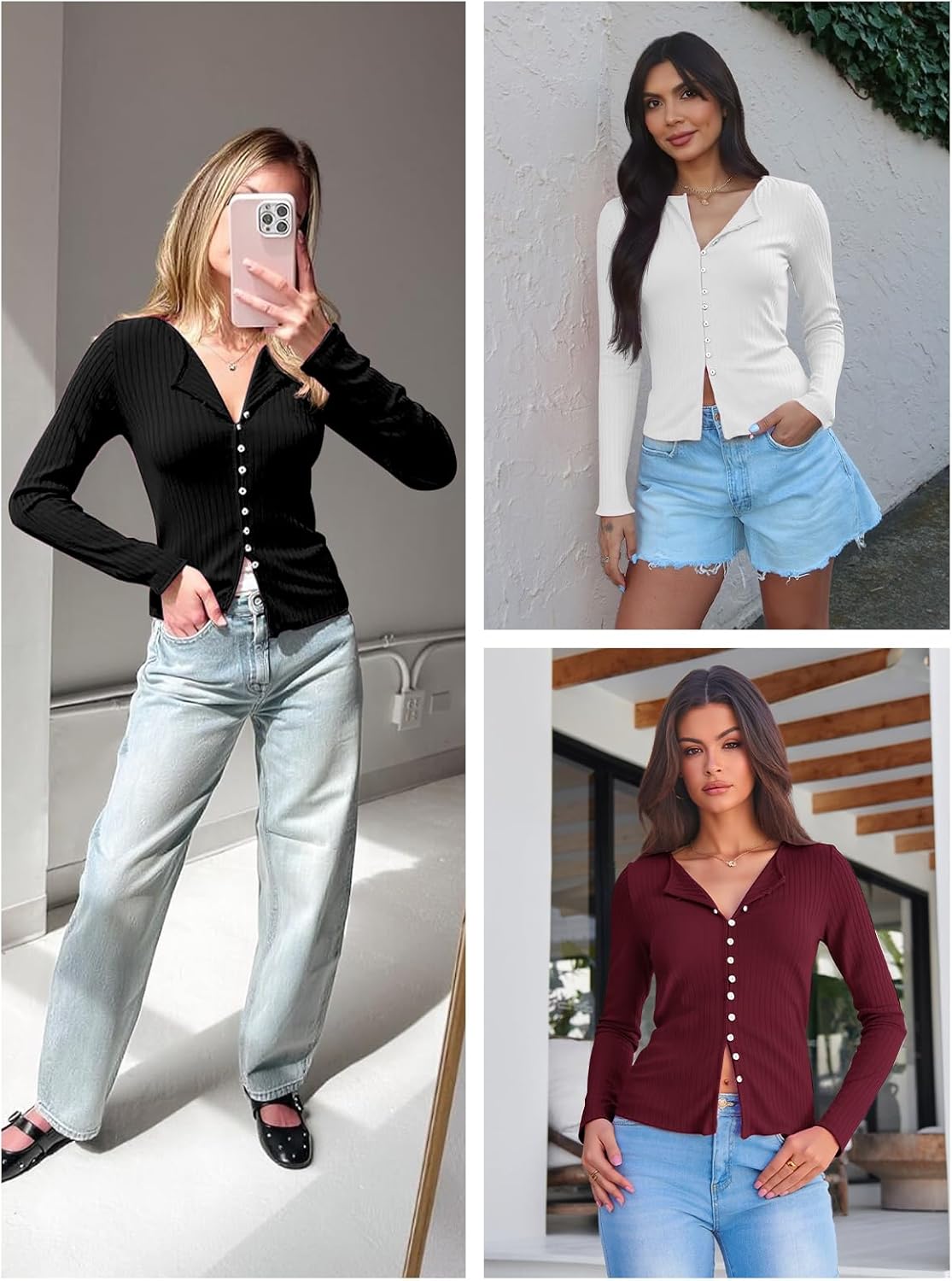 Womens Cardigans Button Down Long Sleeve Ribbed Shirts Cute Lighweight Fitted Y2K Fall Tops - Image 4