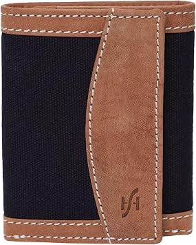 STARHIDE Mens RFID Blocking Trifold Distressed Hunter Leather and Canvas Wallet Credit Card Holder 805 Blue Brown