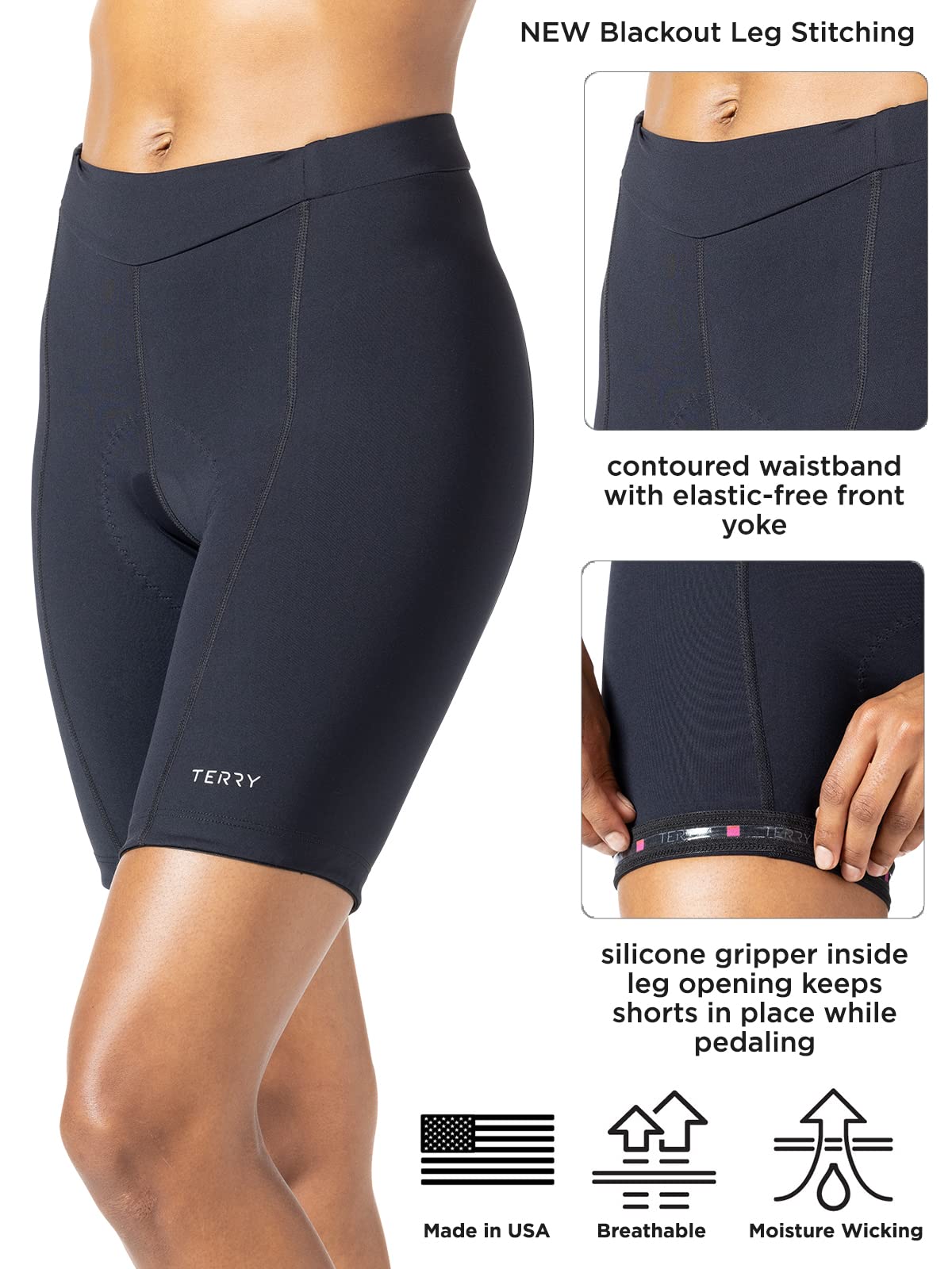 Terry Bella Damen-Fahrradhose, gepolstert, reguläres 21,6 cm Silikonbein, schwarz, Radhose für Damen, Radhose, Mountainbike