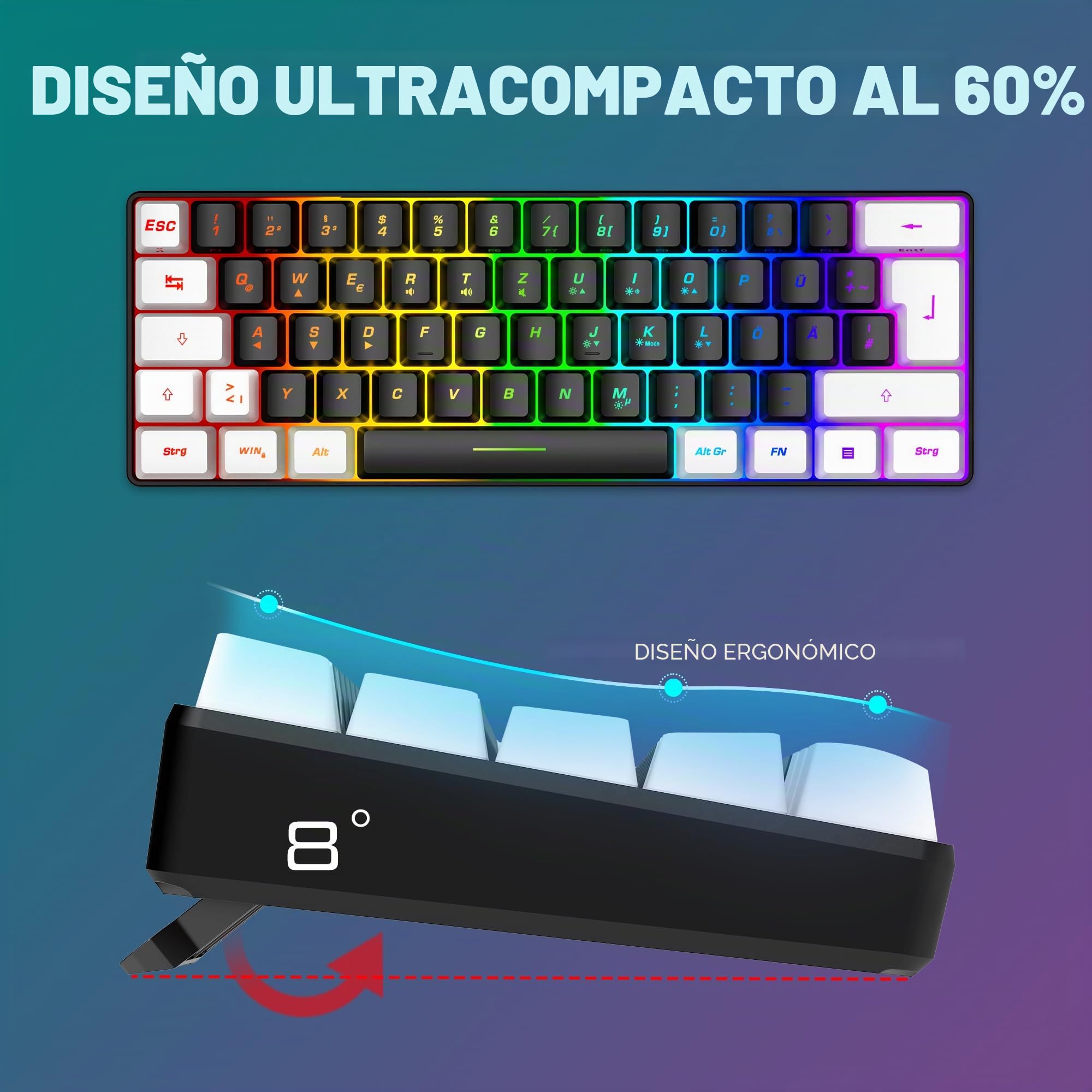RedThunder Teclado Mecánico Alámbrico Gaming 60%,Retroiluminación RGB Dinámica,Ratón Celular Ligero de 7200 dpi,Teclado Ultra-Compacto 62 Teclas,Disposición AZERTZ DE,para PC/PS5/Xbox (Negro-Blanco)