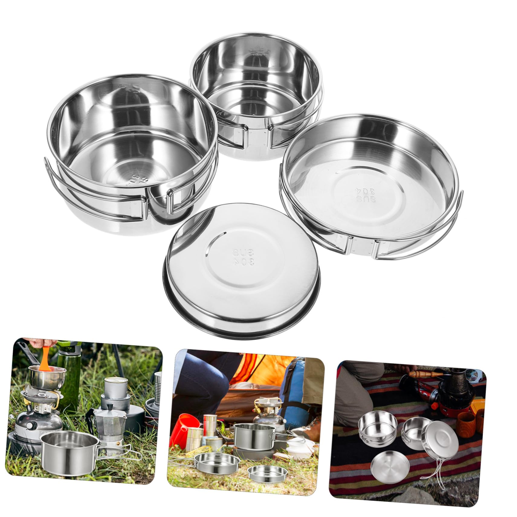 iplusmile Ensemble de Casseroles et Poêles de Camping 4 Pièces en Acier Inoxydable 304 Poignée Pliable, Kit la Cuisine D'extérieur Léger et Portable pour Randonnée, Camping et Trekking