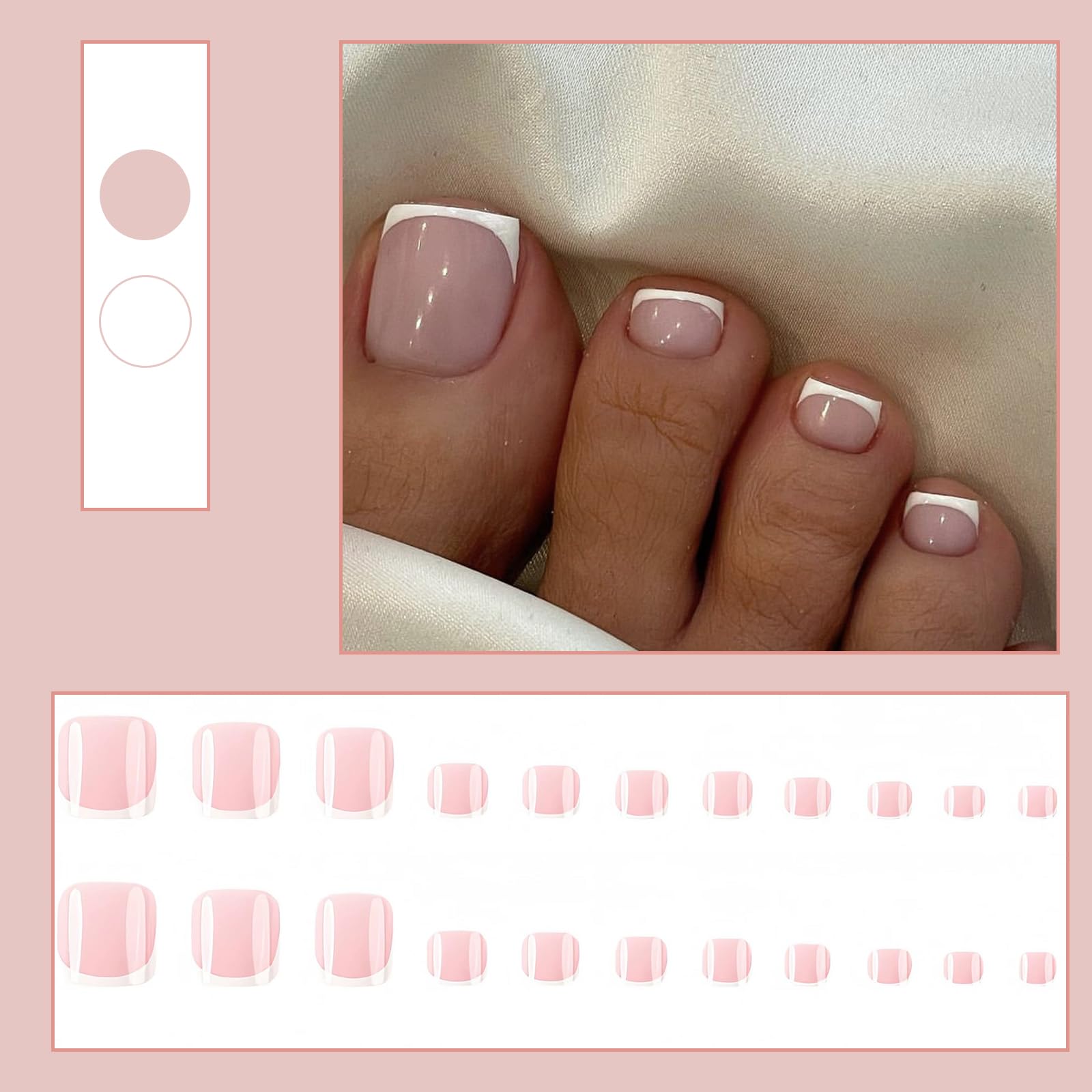 French Tip False Toenails, Press On Toe Nails Short, 12Sizes Square Acrylic Fake Nails, Nude Pink White French Toe Nail Tips - Image 2
