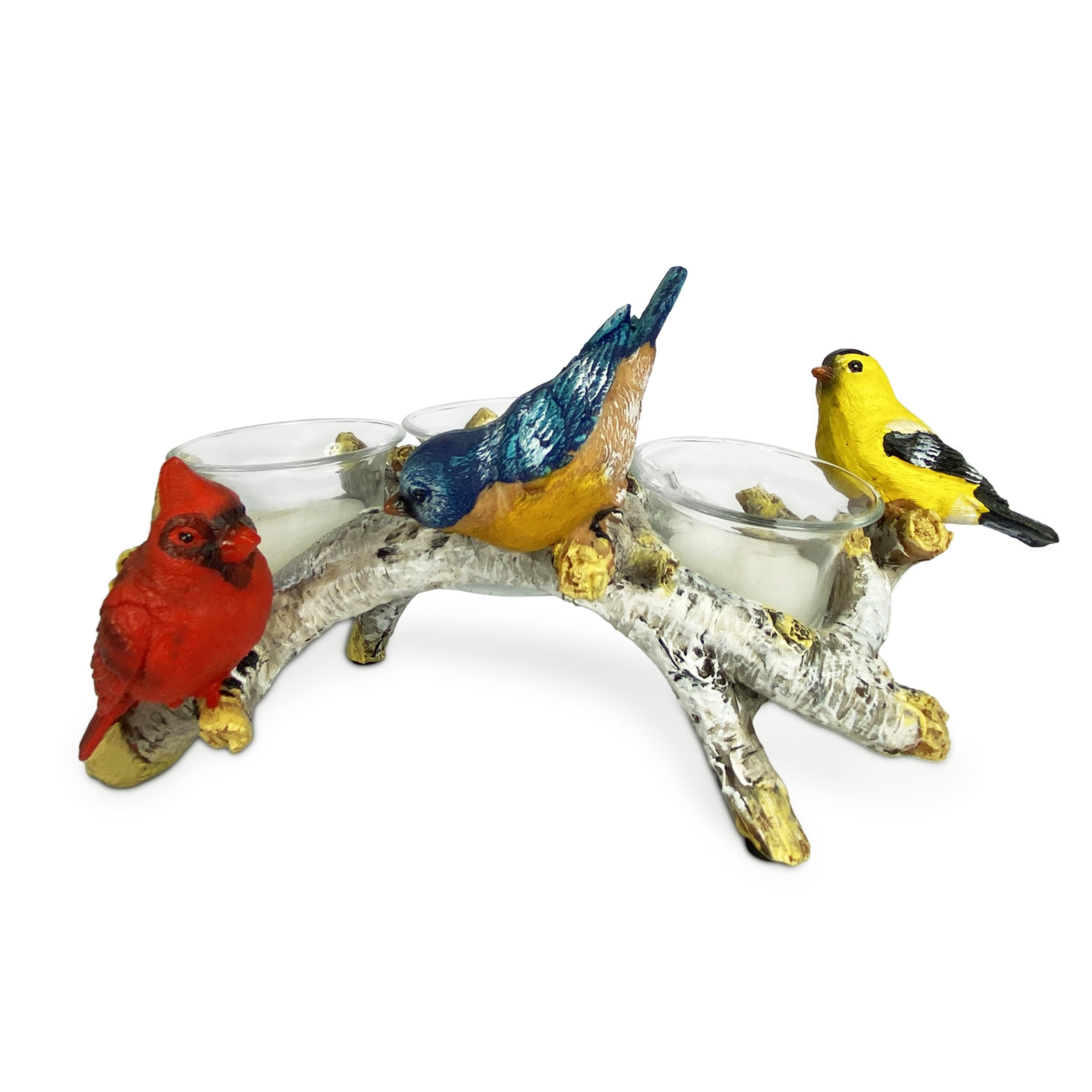 Rivers Edge Products Votive Candle Holder, 10 Inch Long Hand Painted Poly Resin Holder with 3 Clear Glass Votive Candleholders and 3 Votive Candles, Birch with Birds 3-Piece