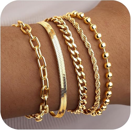 Pulseras de oro para mujer, juego de pulseras delicadas para mujer, a la moda, pulseras de oro apiladas con cuentas, cubano, clip de papel, corazón,