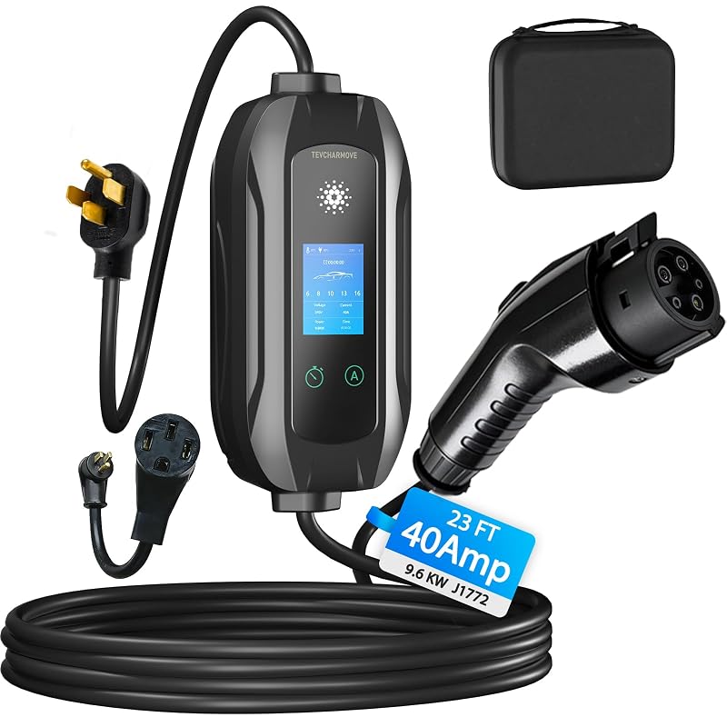 Carregador portátil para veículo elétrico Nível 2 TEVCHARMOVE com conector J1772, 240 V, 40 A, cabo de 7,01 m, plug NEMA 14-50 e adaptador NEMA 5-15