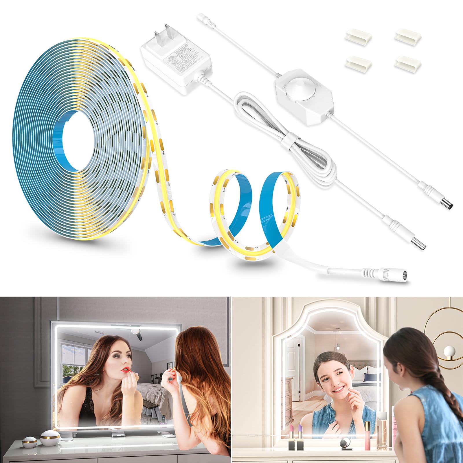 wobsion Vanity Lighting, 4m/13ft Dimmable Cob Led Strip Light,1280 LEDs Ultra Bright White Under Cabinet Light,Flexible Led Light for Makeup Vanity Table,Bathroom Mirror,Dresser Mirror,Shelves,12V
