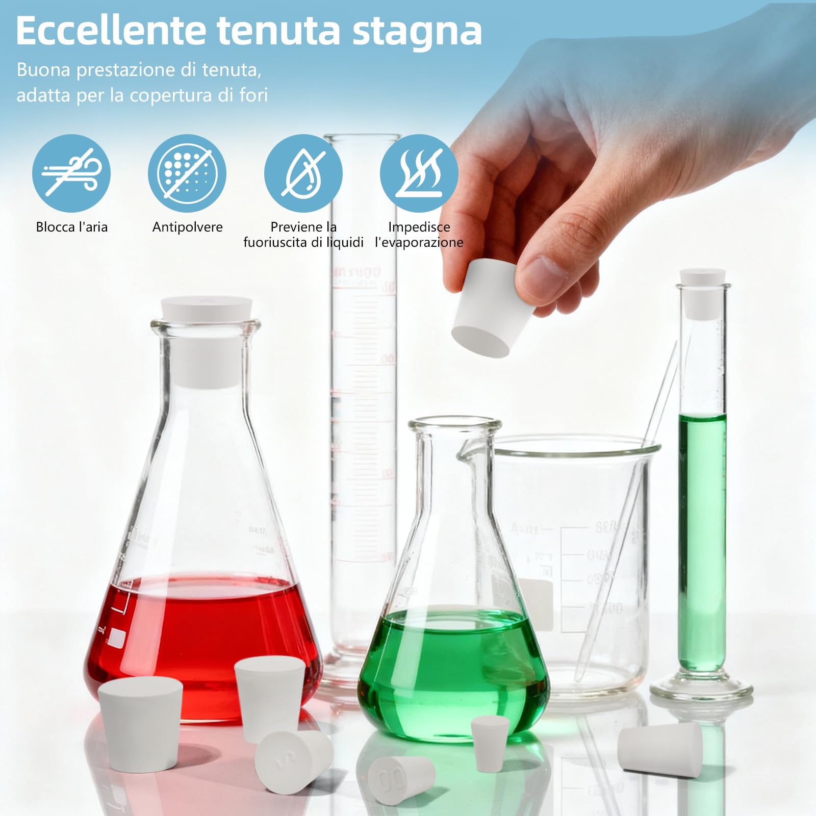 Tappo in Gomma Conico Bianco - Set da 32 Tappi per Laboratorio in 13 Misure, Tenuta Stagna per Palloni, Provette e Tubazioni, Riusabile come Tappo di Scarico