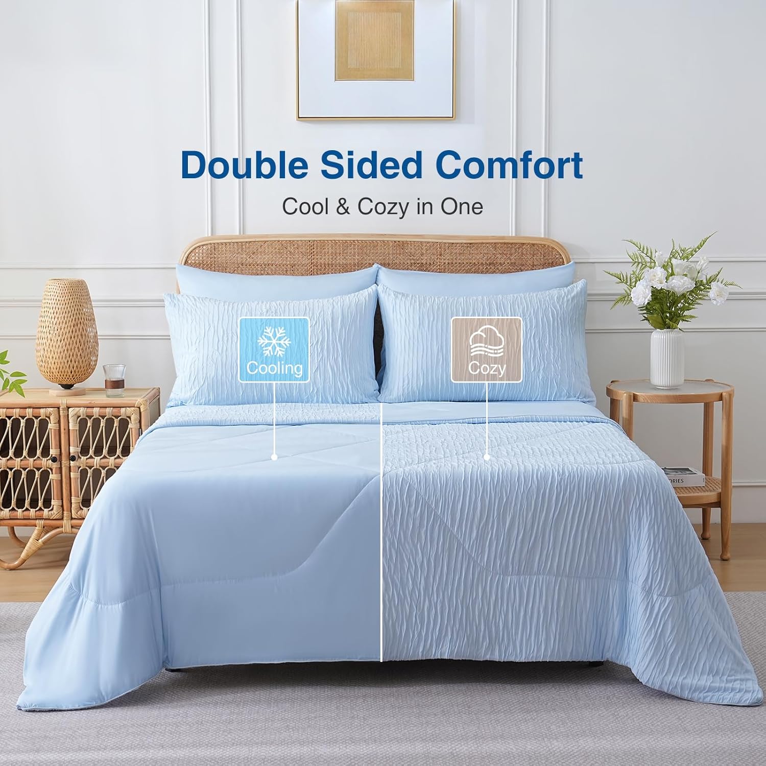 Cooling Comforter, Full/Queen - Reversible Lightweight Blanket for Hot Sleepers & Night Sweats, Breathable All-Season Bedding (90x90 Inch, Blue)