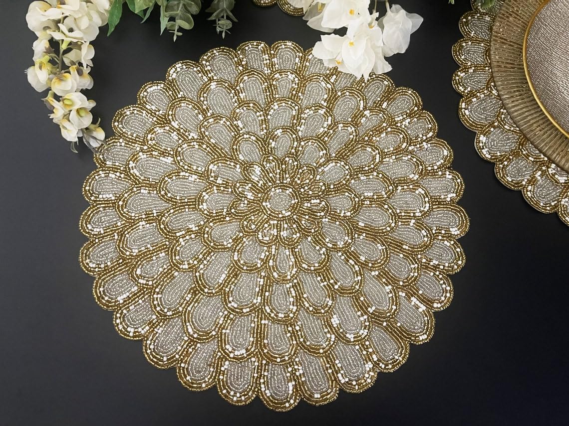 Enliven Handmade placemat, Beaded Round Table placemat, Silver, Gold with White Beads, 14 inch | Set of 6