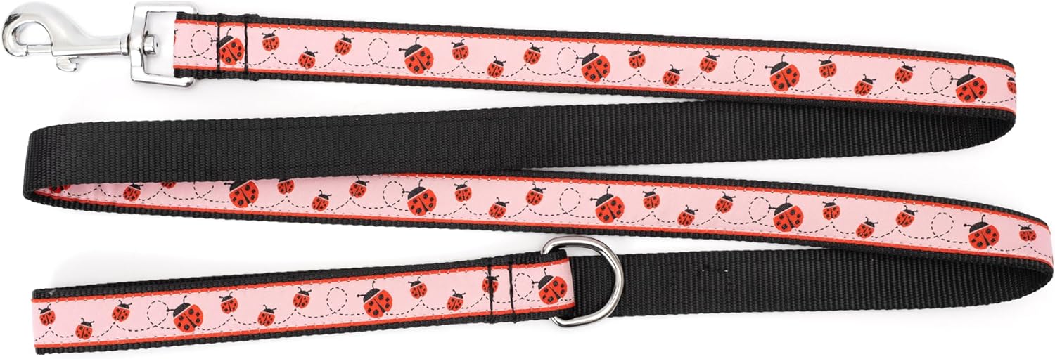 THE WORTHY DOG 5 FT Nylon Dog Leash for Dogs, Metal Quick Clip - Ladybug Pattern, Pink/Red, Small