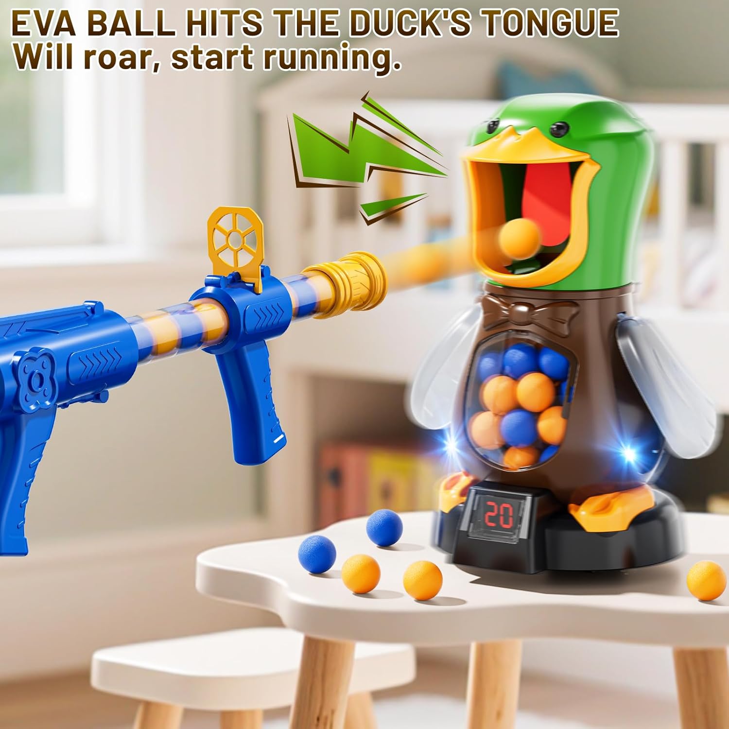 Duck Shooting Toys for Kids 3-5, Movable Target Shooting Games with 2 Air Pump Launcher, LCD Score Record, Sound, 48 Foam Balls, Birthday Gift for Boys Girls Ages 3 4 5 6 7 8 Years Old