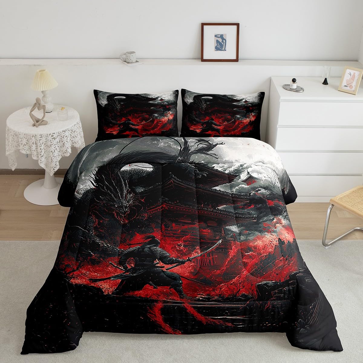 Feelyou Dragon Comforter Set Twin Size Japanese Style Comforter for Boys Girls Teens Samurai Bedding Set Dragon Decor Duvet Set Room Decor Black Red Quilt Set