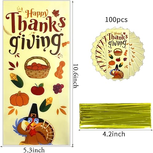 Miniatura 2 de 100 bolsas de celofán de Acción de Gracias, pavo y hoja de arce, bolsas de regalo de Acción de Gracias con 100 lazos giratorios para niños,