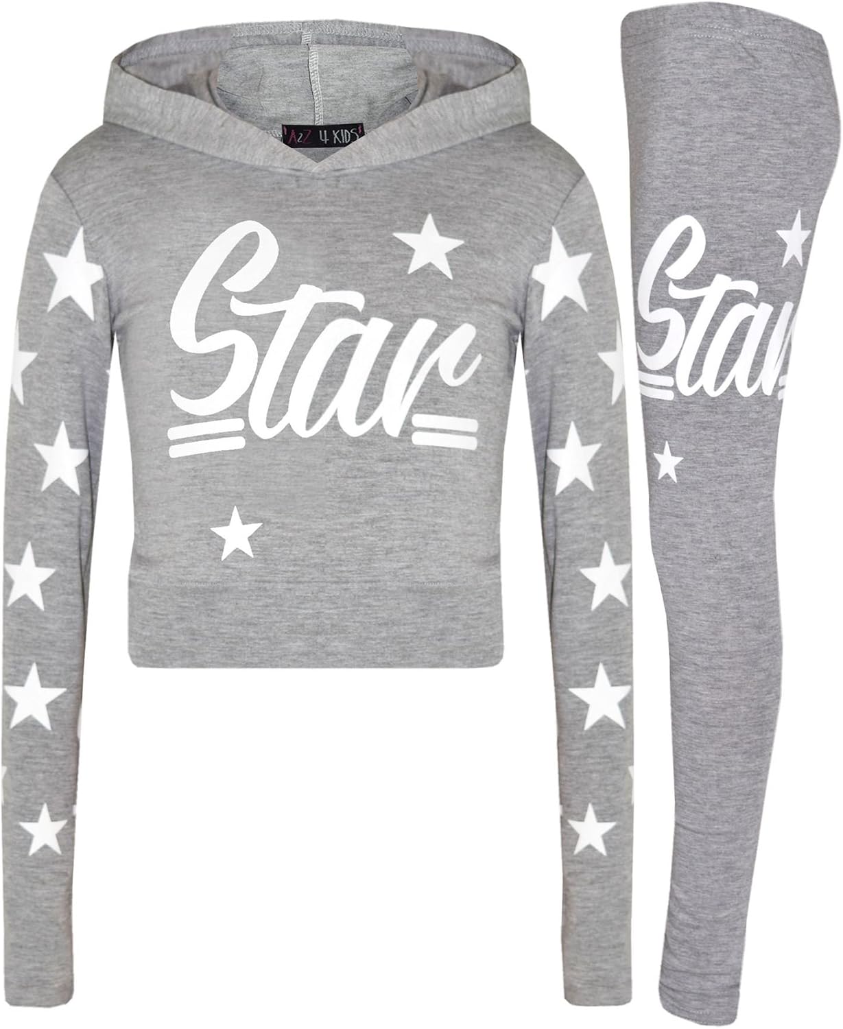 Girls Tops Kids Star Print Hooded Crop Top & Legging Lounge Wear Set 7-13 Years Grey