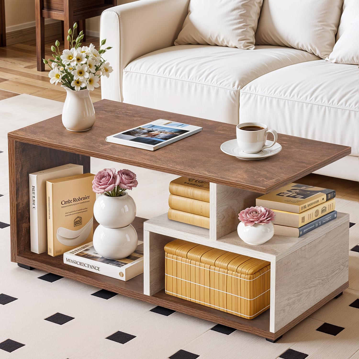 ABOUT SPACE Coffee Table - Portable Wooden Centre Table with Storage & Open Rack - DIY Furniture - Sofa Tea Poyee for Living Room, Home, Office (Beige & Walnut - L 100 x B 40 x H 47 cm)-image-20