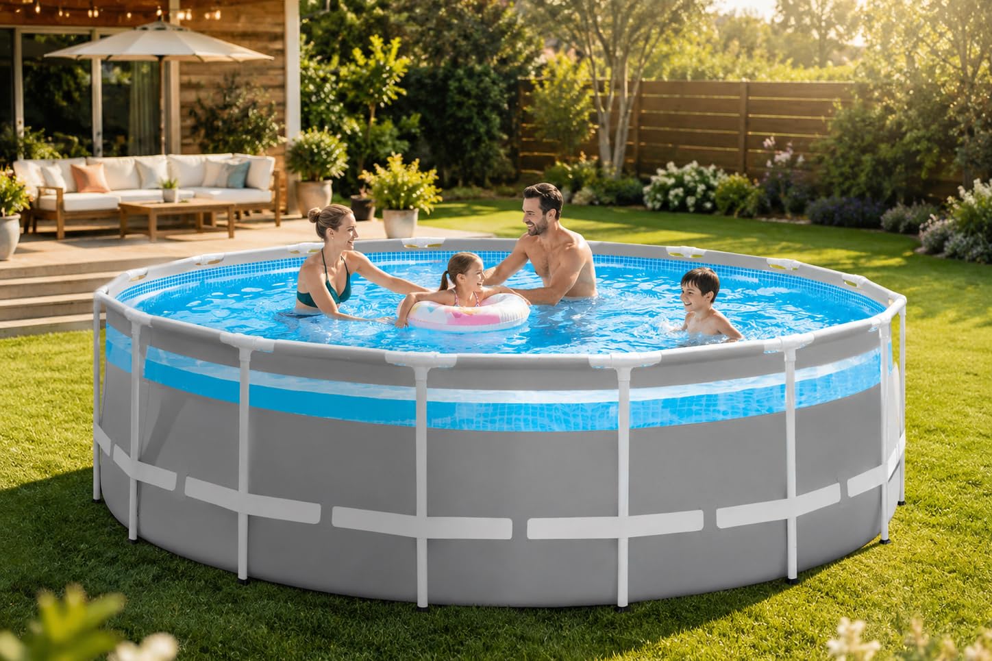 Frame Pool Set Panorama Ø 488 x 122 cm - 19.156 l - Mit umlaufendem Panoramafenster - Inkl. Filteranlage, Sicherheitsleiter, Abdeckplane & Bodenschutzplane