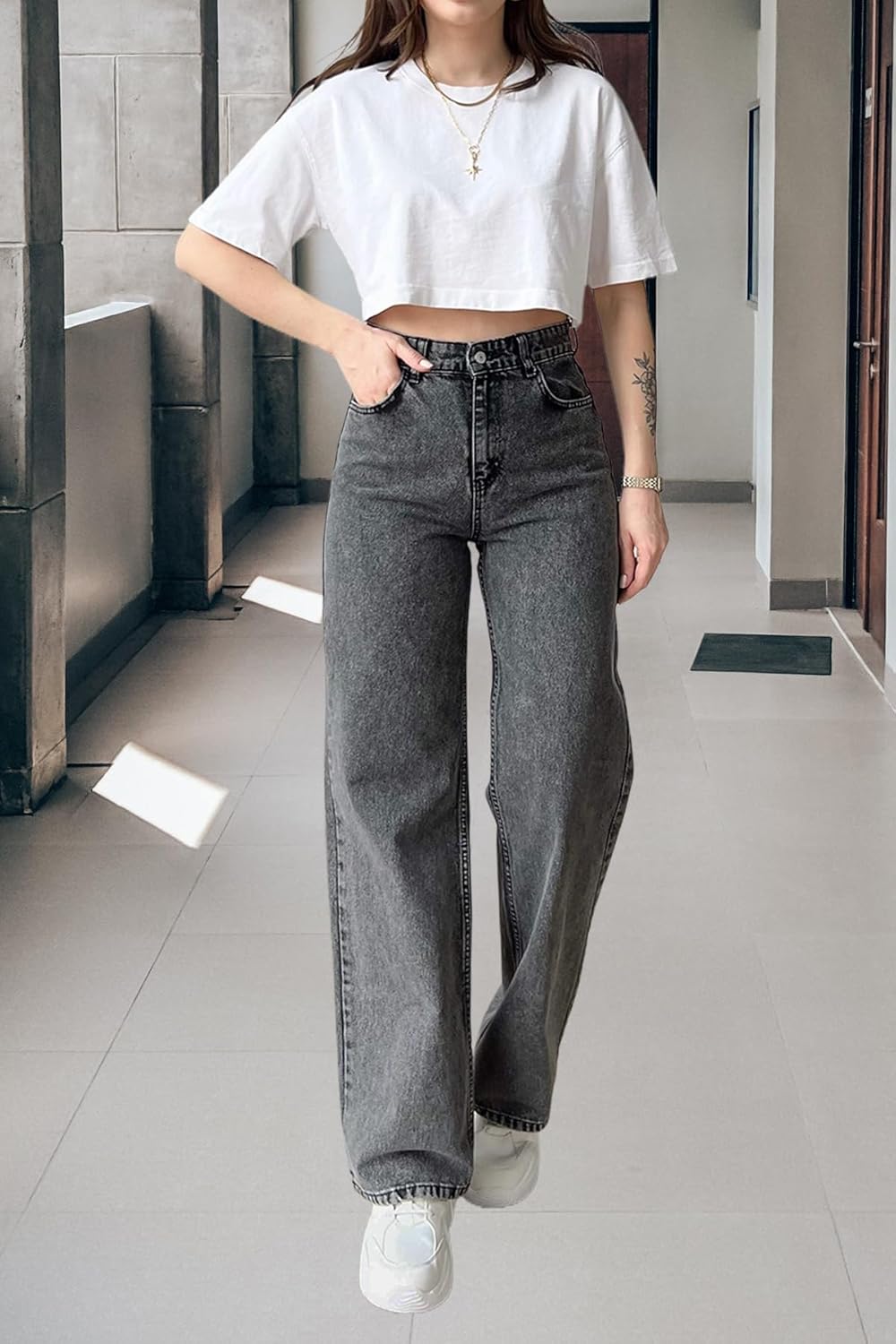 Women's Wide Leg Straight Jeans High Waist Stretchy Boyfriend Classic Denim Pants - Image 4