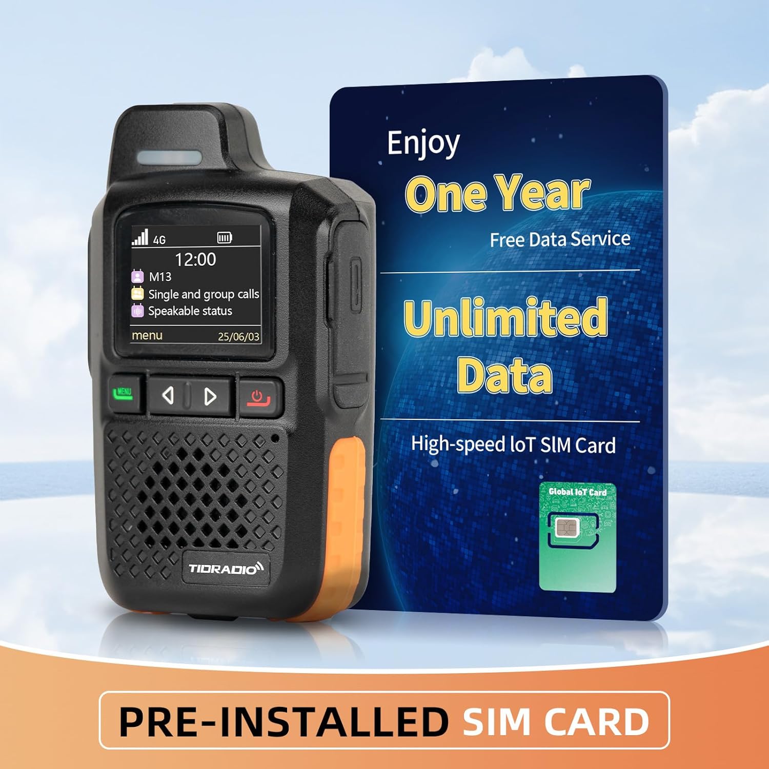 TIDRADIO TD-M13 walkie talkie with a pre-installed SIM card and a graphic indicating 'Enjoy One Year Free Data Service' and 'Unlimited Data' with a High-speed IoT SIM Card.