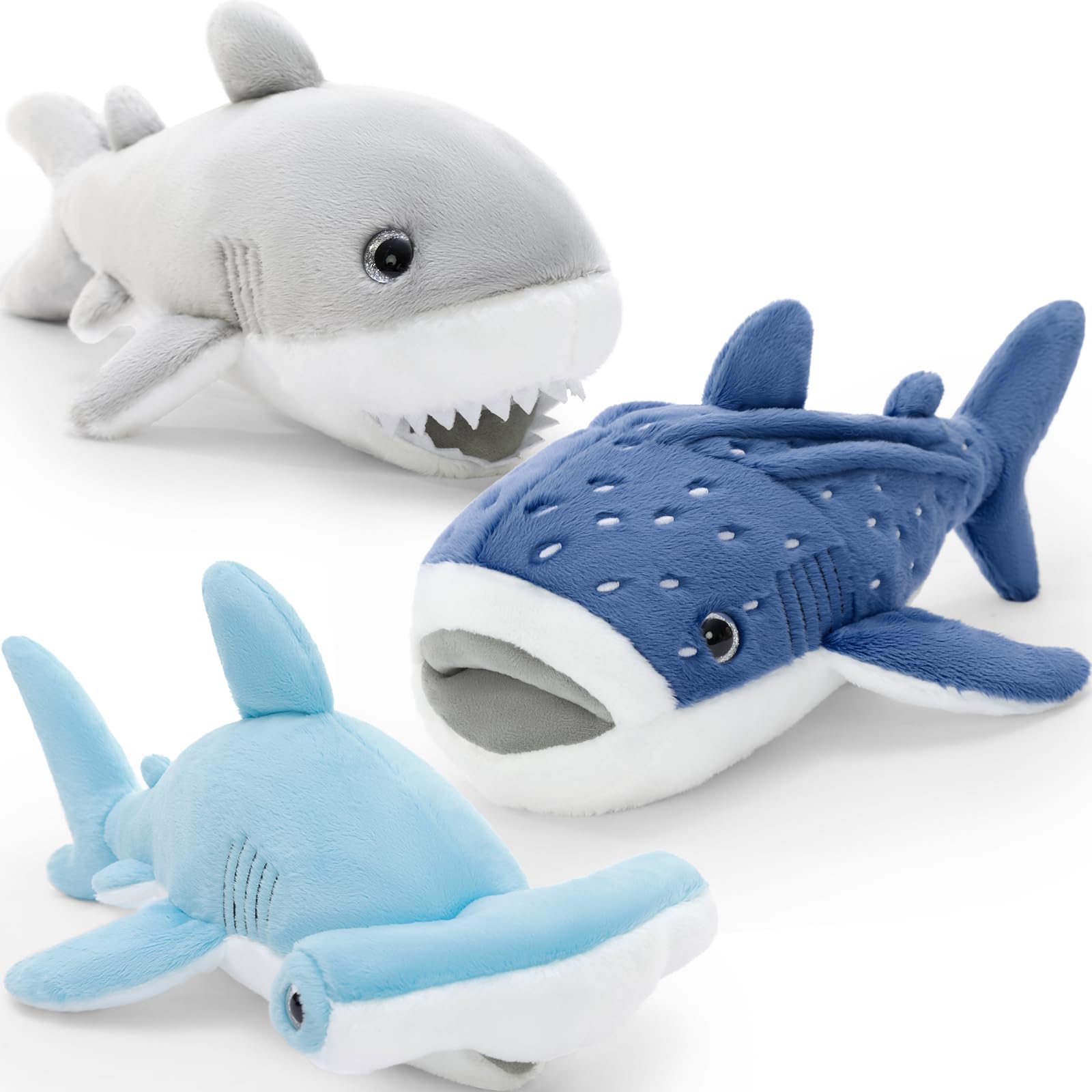 Tezituor 3 Pcs Large Shark Stuffed Sea Animals Set 12inches Realistic Hammerhead Shark Whale Shark Great White Shark