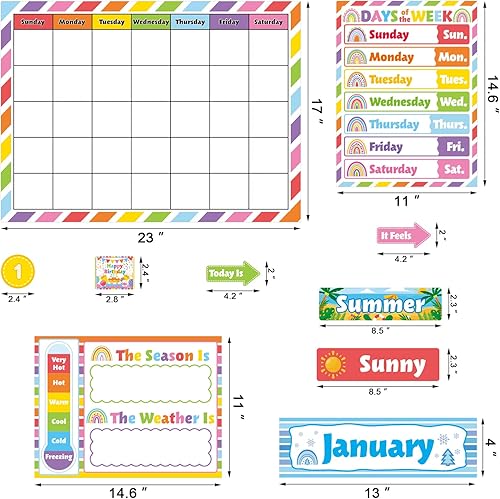 Miniatura 7 de Juego de tablones de anuncios con calendario de aula, tabla de días de la semana con calcomanías de puntos de velcro para decoración colorida del