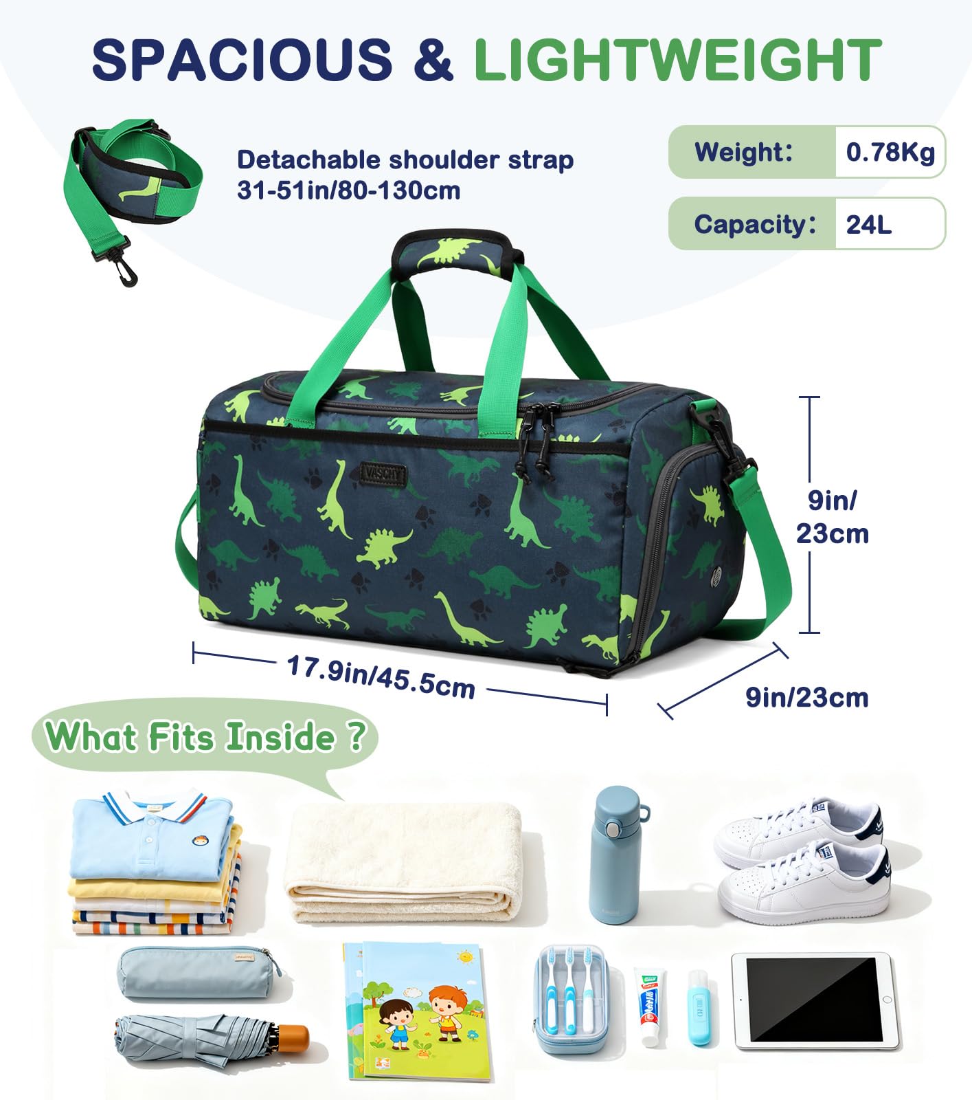 VASCHY Borsa Piscina Bambino, Borsa da Viaggio Bambini 24L Impermeabile con Compartimento Umido-Seco per Palestra Dinosauro Verde