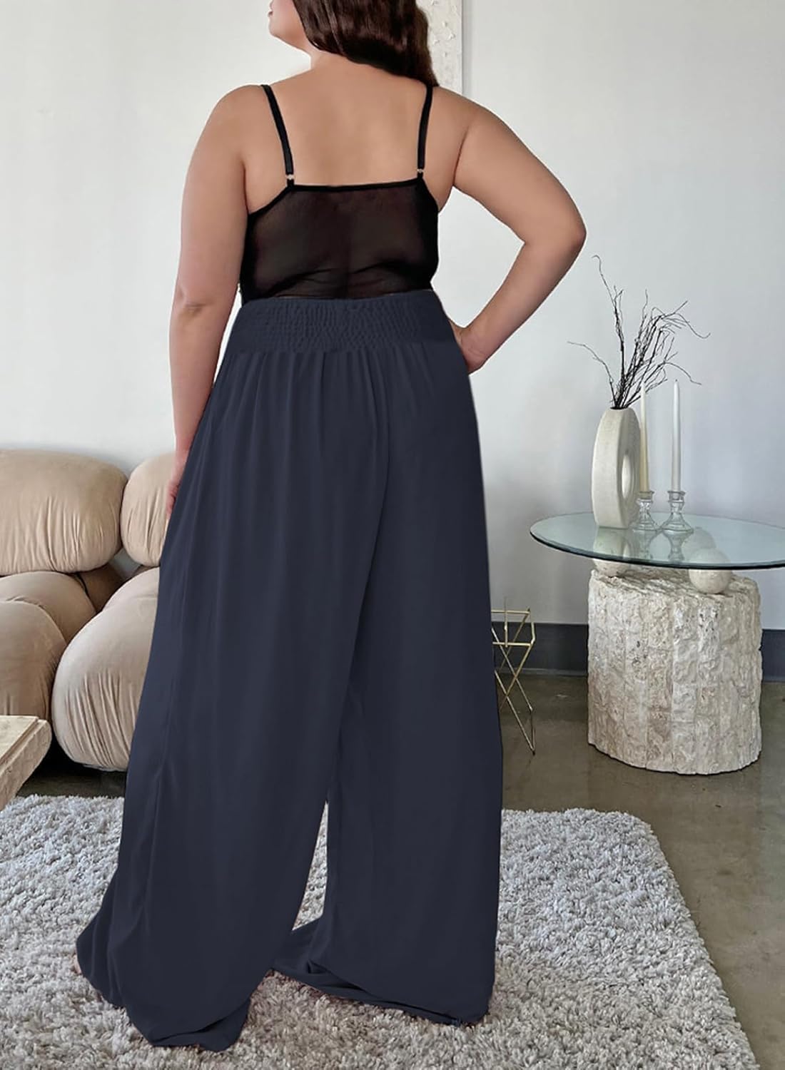 Eytino Women Plus Size Wide Leg Pants Casual Loose Smocked High Waisted Lounge Pajama Palazzo Pants(1X-5X) - Image 2