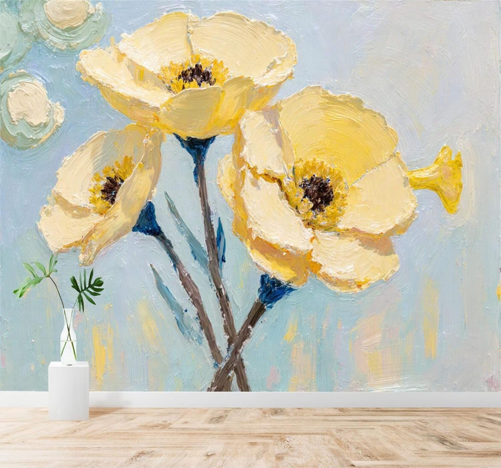 XLMING Hand Drawn Yellow Flowers Abstract Light Blue Art 3D Wallpaper Silky Texture Home Study Office Grey Dining Room Sofa Bedroom Living Room TV Backdrop-430cm×300cm