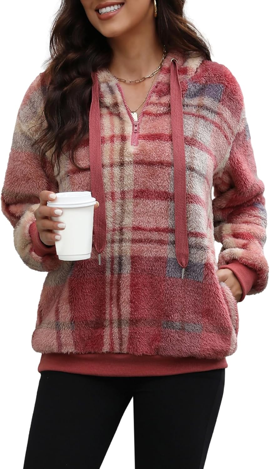 Nirovien Womens Sherpa Pullover Oversized Fuzzy Hoodie Double Fleece Sweatshirts Fluffy Plaid Outerwear Warm Coats - Image 4