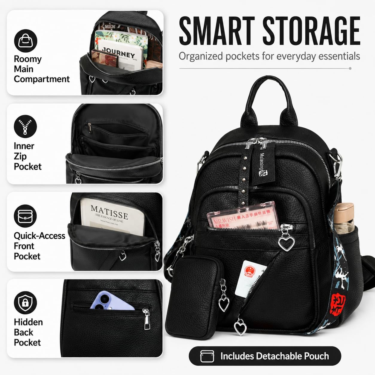 JANSBEN Small Backpack Purse for Women Vegan Leather Convertible Travel Daypack with Anti-Theft Pocket, Lightweight Multi-Pocket Fashion Shoulder Bag & Bonus Wallet Fits 11" Tablet for Commute