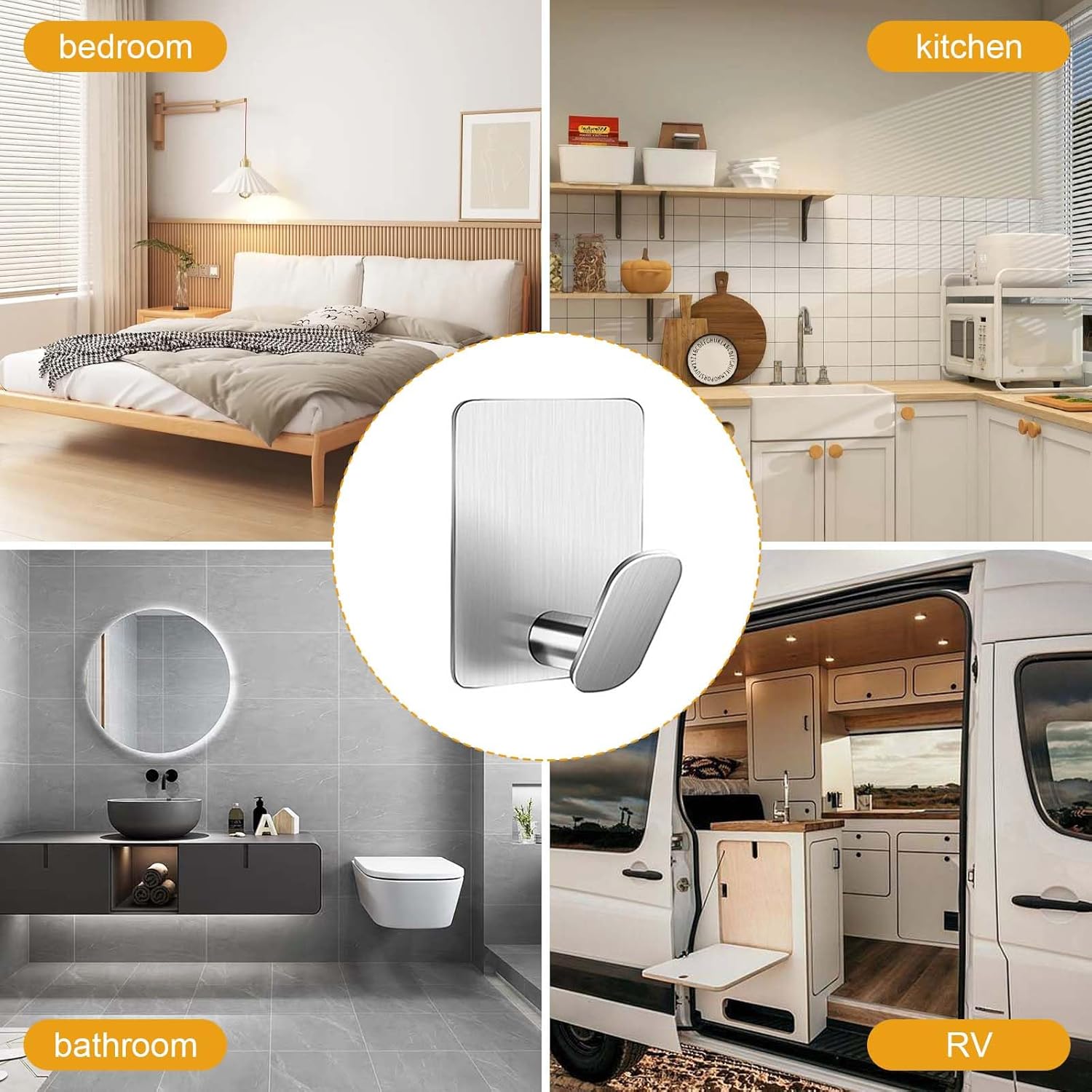 Adhesive Hooks, 4 Pieces Stainless Steel Hooks for Hanging Wall and Door, Towel Hooks for Bedroom, Kitchen, Bathroom, Office, Towel Hanger Wall without Drill(Black)