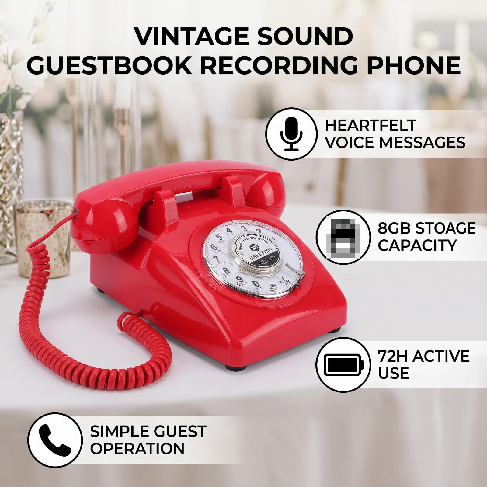 Dpofirs Registratore Vocale per Telefono Rotante Vintage, Telefono per la Registrazione di Messaggi retrò con Auguri Personalizzabili per Il Libro degli Ospiti Sonoro del Matrimonio e Le