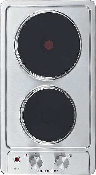 Cookology SEP300SS 30cm Cooktop Solid Plate Domino Hotplate Hob in Stainless Steel - 2 Cooking Zones - Built-in Worktop - 6 Heat Settings - Rotary Dials - 1