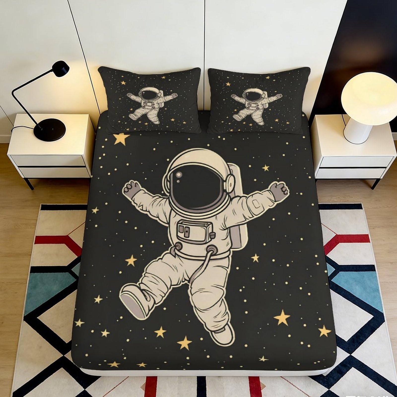 3D Printed Astronaut Fitted Sheet Microfiber Soft Breathable Space Stars Mattress Cover for Bedroom Dormitory Guest Room Mattress Protection Decor 180x200x25cm