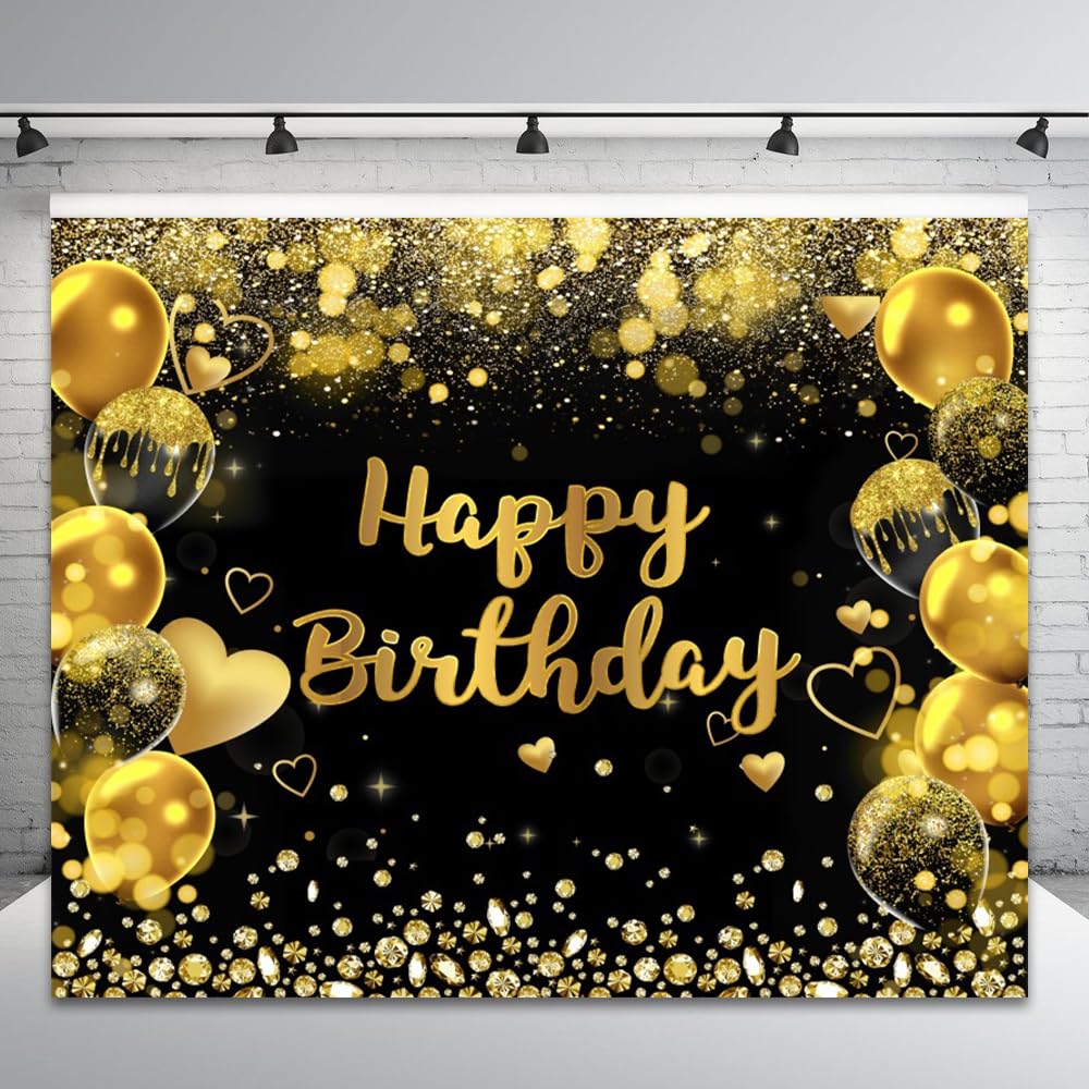 Telón de fondo negro y dorado para fotografía de fiesta, fondo de fotos de cumpleaños con purpurina dorada, telón de fondo bokeh de globo dorado de 10 x 8 pies, para niños, hombres, mujeres