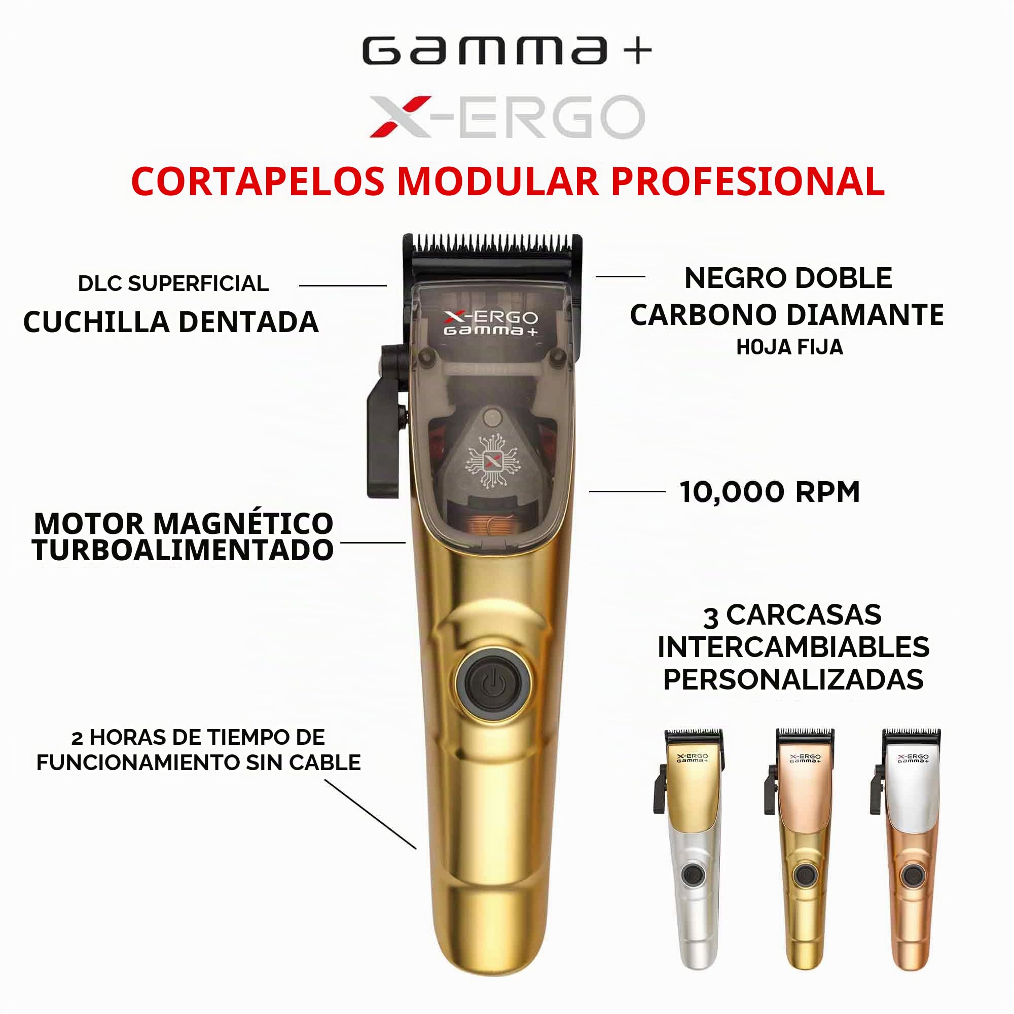 GAMMA+ X-Ergo - Cortapelos profesional inalámbrico con motor magnético microchip de 9 V, 3 tapas personalizadas en cromo mate, oro, oro rosa