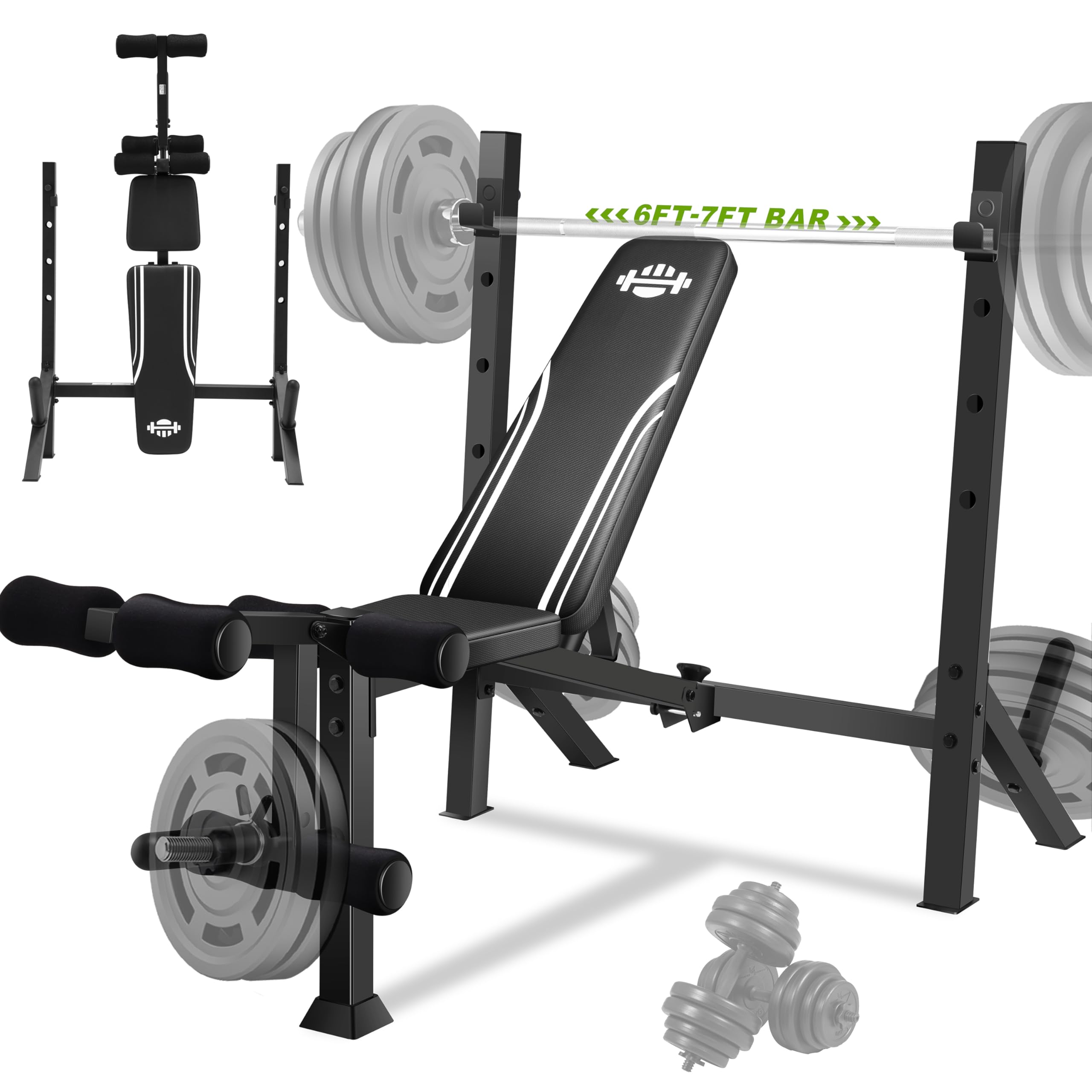 ANCHEER Foldable Weight Bench with Squat Rack Adjustable Bench Press Set for Home Gym Strength Training with Leg Developer, Weight Storage Rod Suitable for 1 & 2 Inch Plates