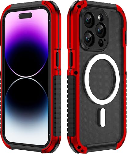 Funda compatible con iPhone 15 Pro Max, funda magnética de grado militar de carga MagSafe con protector de pantalla, funda de metal MagSafe (rojo,