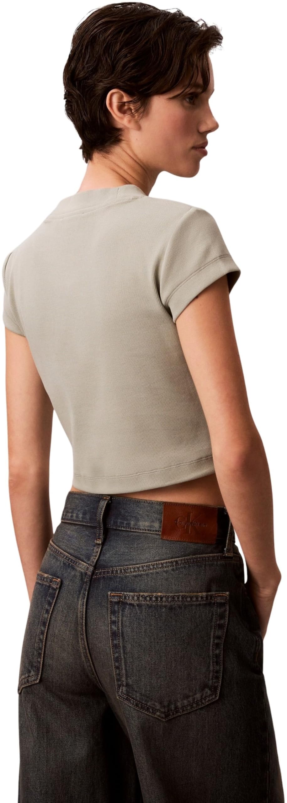 Calvin Klein Damen T-Shirt Kurzarm Monologo Baby Rib Slim Fit