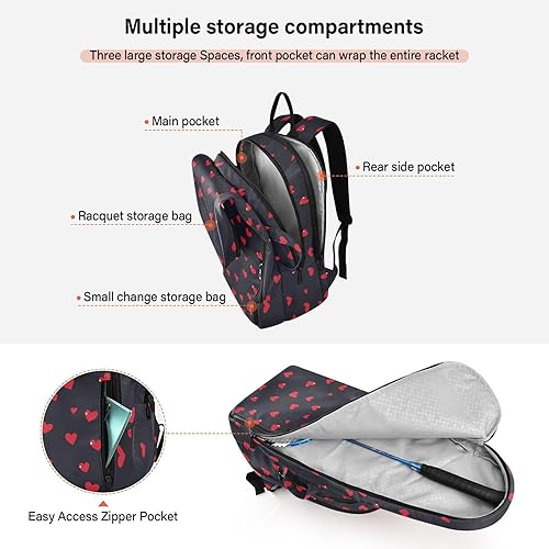 Miniatura 5 de Mochila de tenis de bádminton impermeable para San Valentín, corazón de amor rojo, 3 raquetas de bádminton para mujeres, hombres, adolescentes bolsa