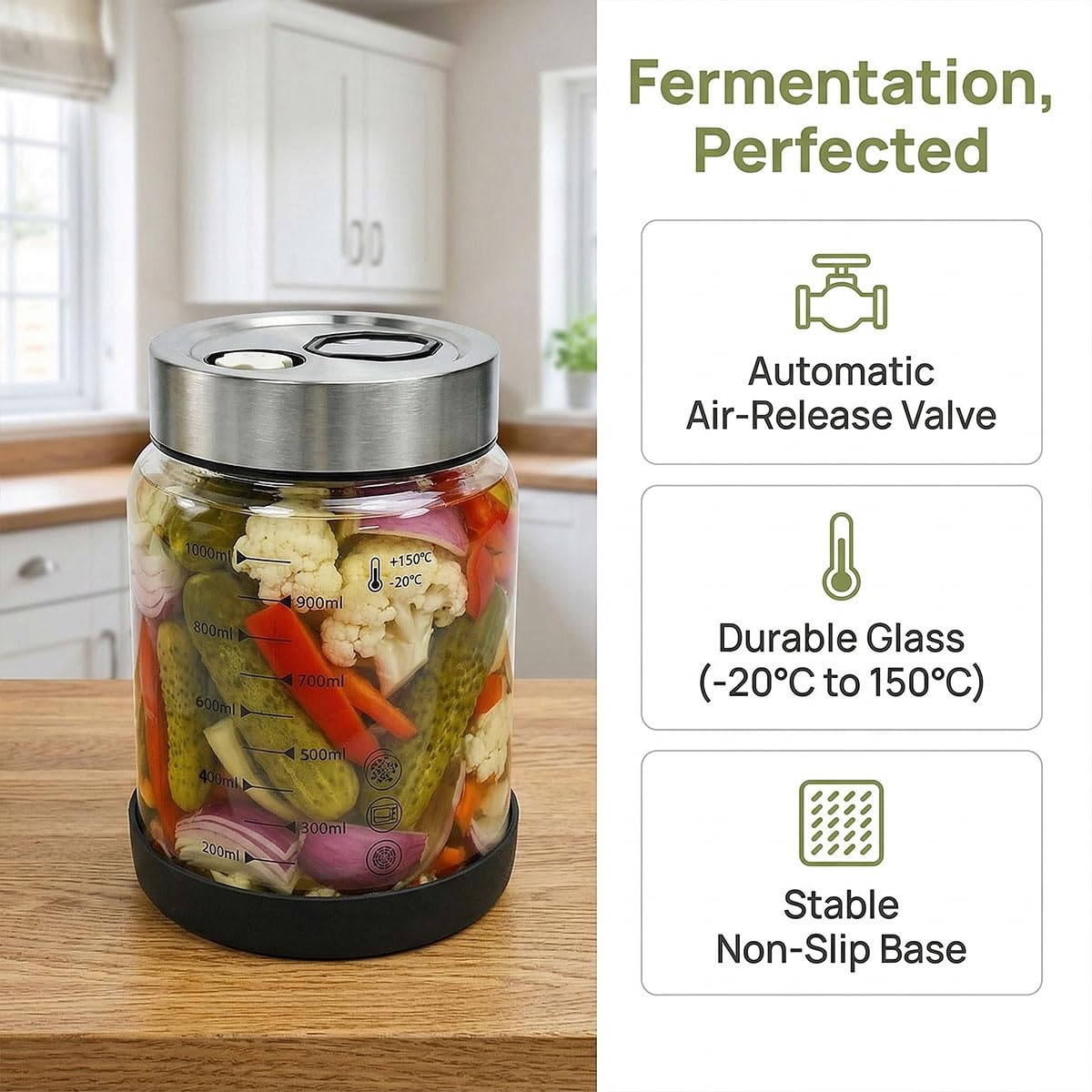 Tarro de Fermentación con Válvula de Ventilación 1L, Tarro Cristal con Tapa 1l para Fermentar, Recipiente Hermético para Kimchi, Vaso de Fermentación para Chucrut pepinos y Encurtidos