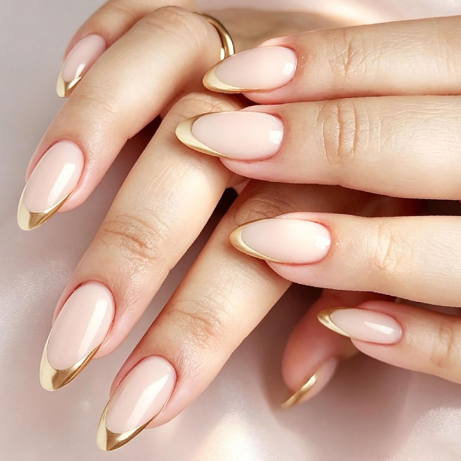 French Tip Press on Nails Short Almond Fake Nails with Glossy Designs Nails Press ons Nude Gold Artificial Nails Simple Stick on Nails for Women 24 Pcs