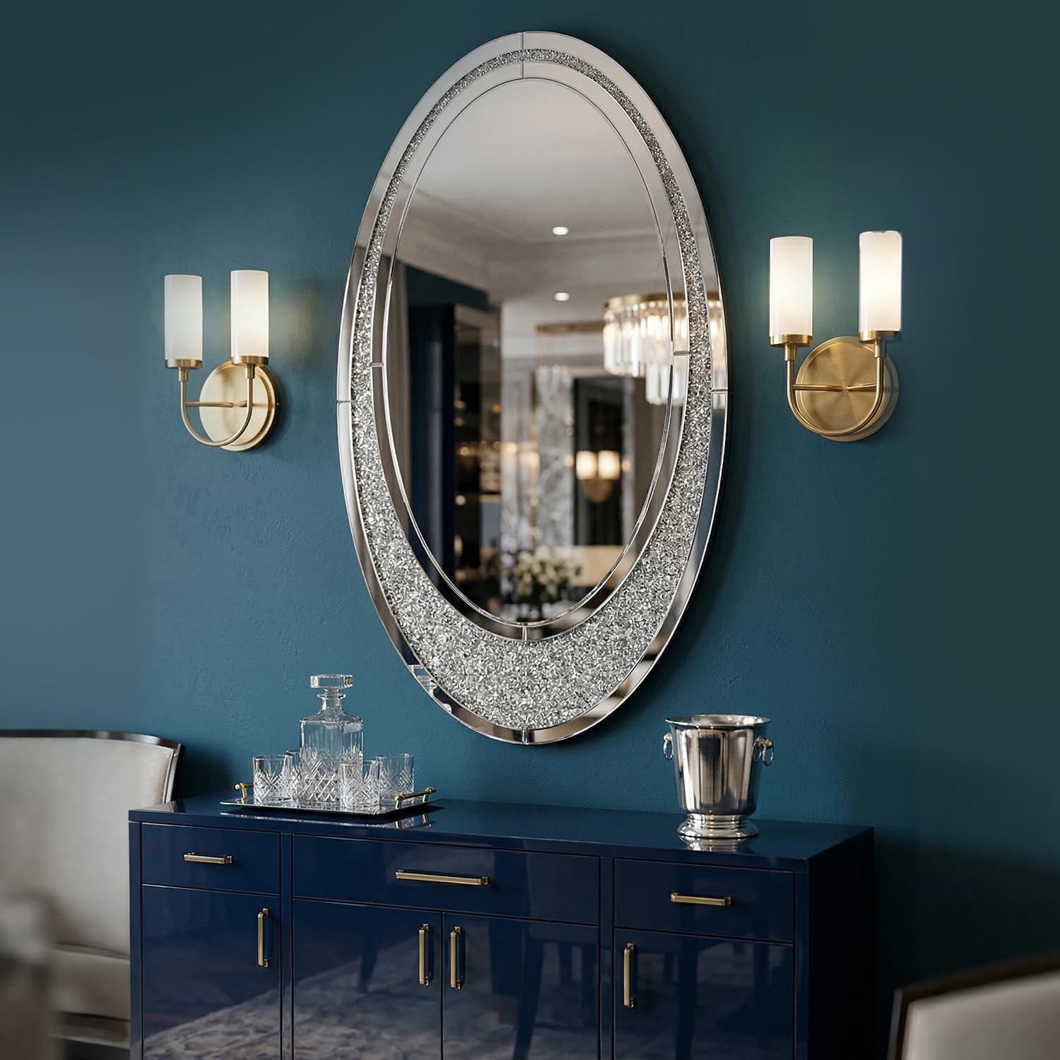 55" x 35" Large Oval Crushed Diamond Bathroom Mirror, Oversized Sparkly Crystal Bling Mirror for Double Vanity, Modern Glam Wall Decor for Living Room, Secure Drop-Tested Packaging