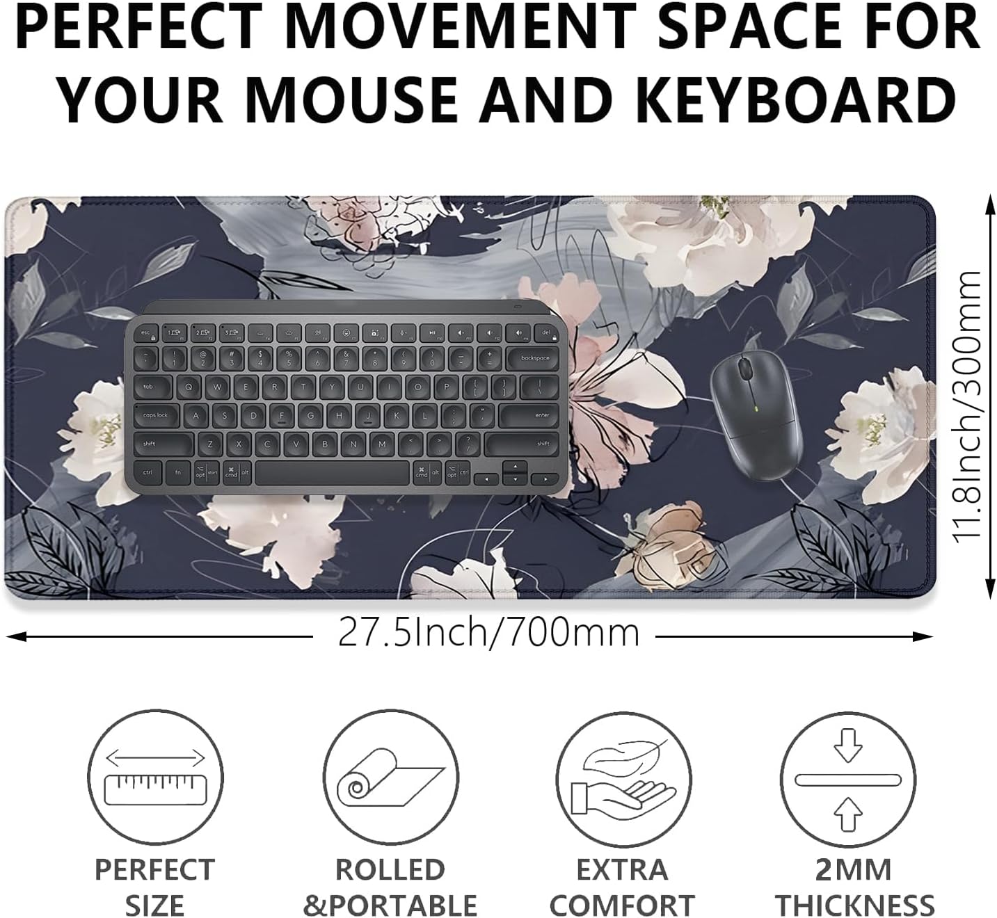 Watercolor Peony Desk Pad Mouse Pad,Floral Extended Large Gaming Mouse Mat with Stitched Edges,Non-Slip Waterproof Rubber Base Mousepad for Office Work Home Desk Mat(27.5X11.8 in) image 3