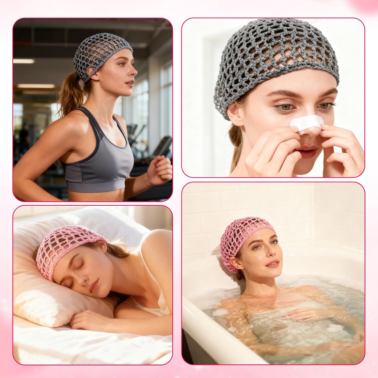 Hair Net for Silk Press 2 Pcs Shower Caps Hair Wrap Net Crochet Mesh Wrapping Wrap Elastic Sleeping Hairs Wraps Caps Reusable Nets Cap for Women Sleeping Makeup Shower (Gray, Pink)