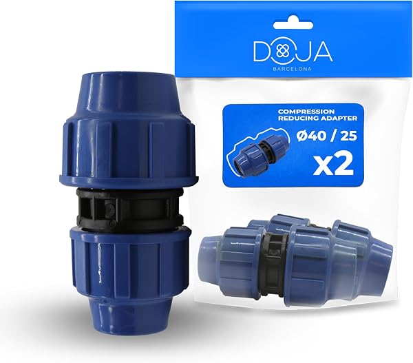 DOJA Barcelona Riduttore Pressione Irrigazione - 40mm x 25mm - Pack 2 - Raccordo Compressione MDPE - Riduttore Tubo Acqua Installazione Rapida, Resistente, Connettore, Raccordi per Tubi Irrigazione PP - 1