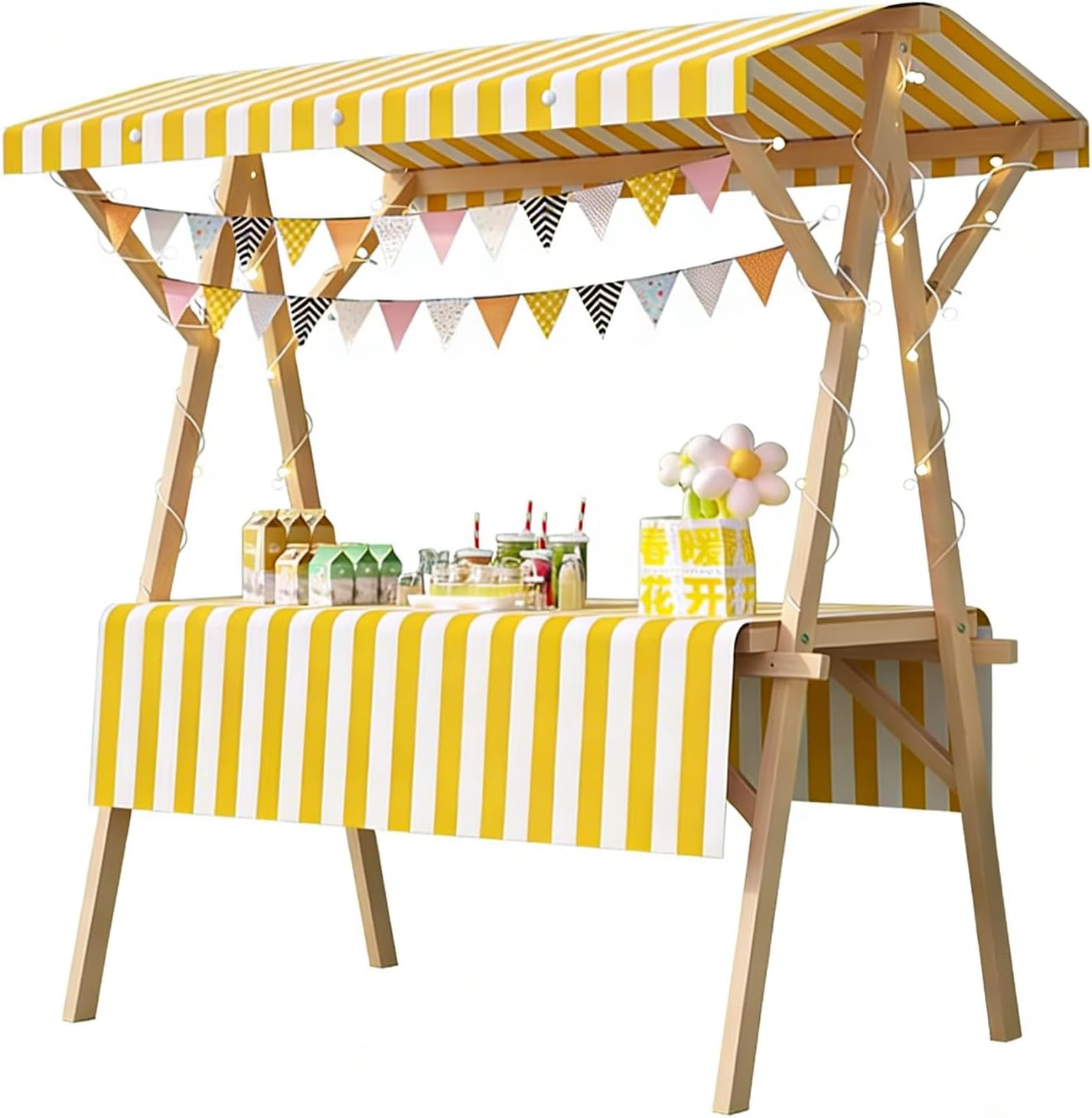 Folding Wooden Market Stall, Portable Pop-Up Vendor Booth With Striped Canopy & Tablecloth, Easy Assembly Outdoor Display Stand For Farmers Market, Craft Fair(Yellow3,47.2in/120cm)