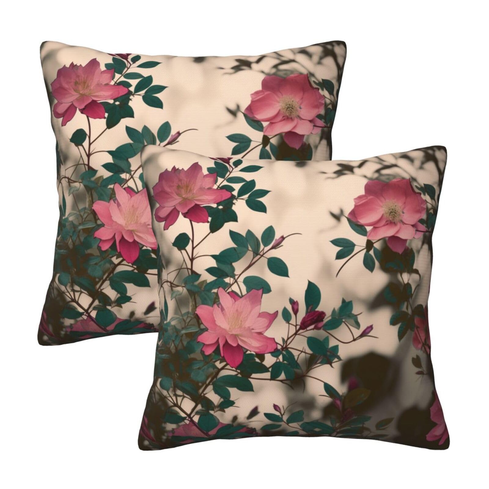 Pink Flowers Leaves Throw Pillow Cases 2 Pack Square Pillowcases Soft Pillow Protectors for Couch Livingroom Sofa Bed Office Car,30x30 CM