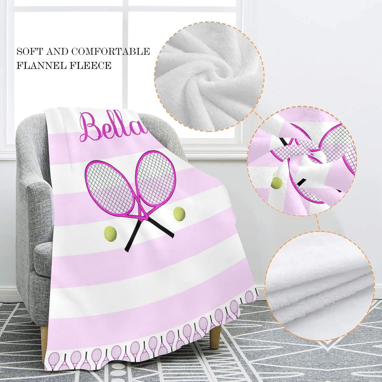 Pink Tennis Personalized Blankets Throw Bed Sofa Couch Blankets Traveling Camping Hiking Soft Cozy 50 x 60 Inch