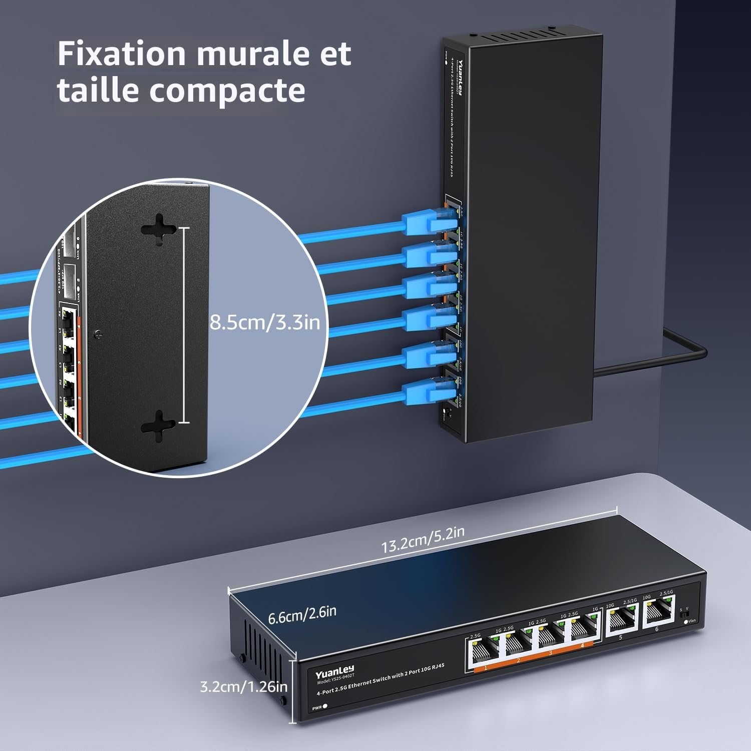Switch Ethernet 10G Non Géré à 6 Ports, 4 Ports Base-T 2,5G, 2 Ports RJ45 10Gb, Compatible 100/1000/2500Mbps, Boîtier Métallique, VLAN, Commutateur Réseau YuanLey 2.5Gbe pour NAS 2.5G/10G